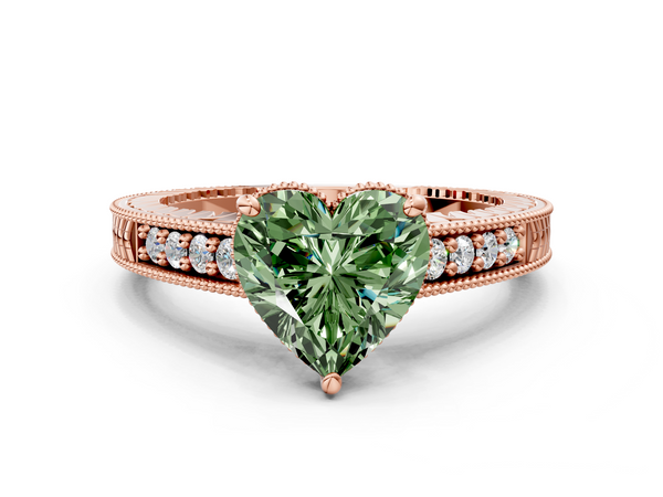 Rose gold Fancy Green Heart  Solitaire Pavé Diamond Milgrain Engagement Ring with Four-Prong Setting