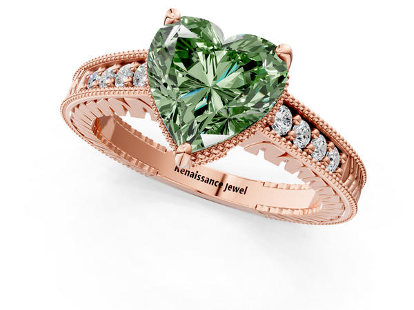 Rose gold Fancy Green Heart  Solitaire Pavé Diamond Milgrain Engagement Ring with Four-Prong Setting