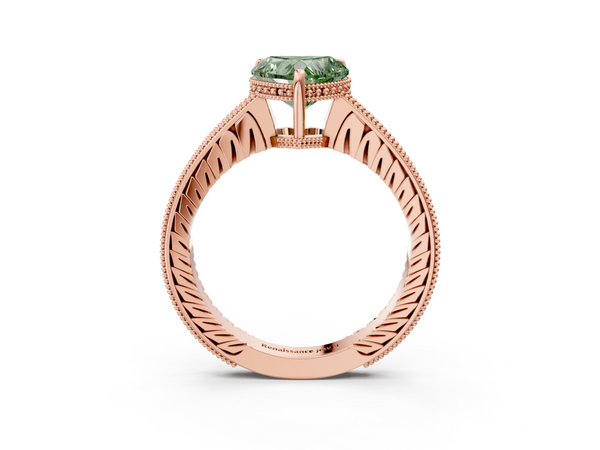 Rose gold Fancy Green Heart  Solitaire Pavé Diamond Milgrain Engagement Ring with Four-Prong Setting
