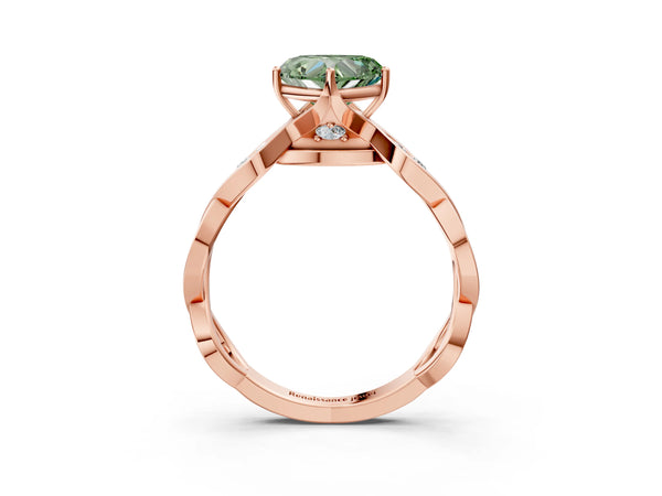 Rose gold Fancy Green Heart  Solitaire Twist Band with Leaf Prong Setting