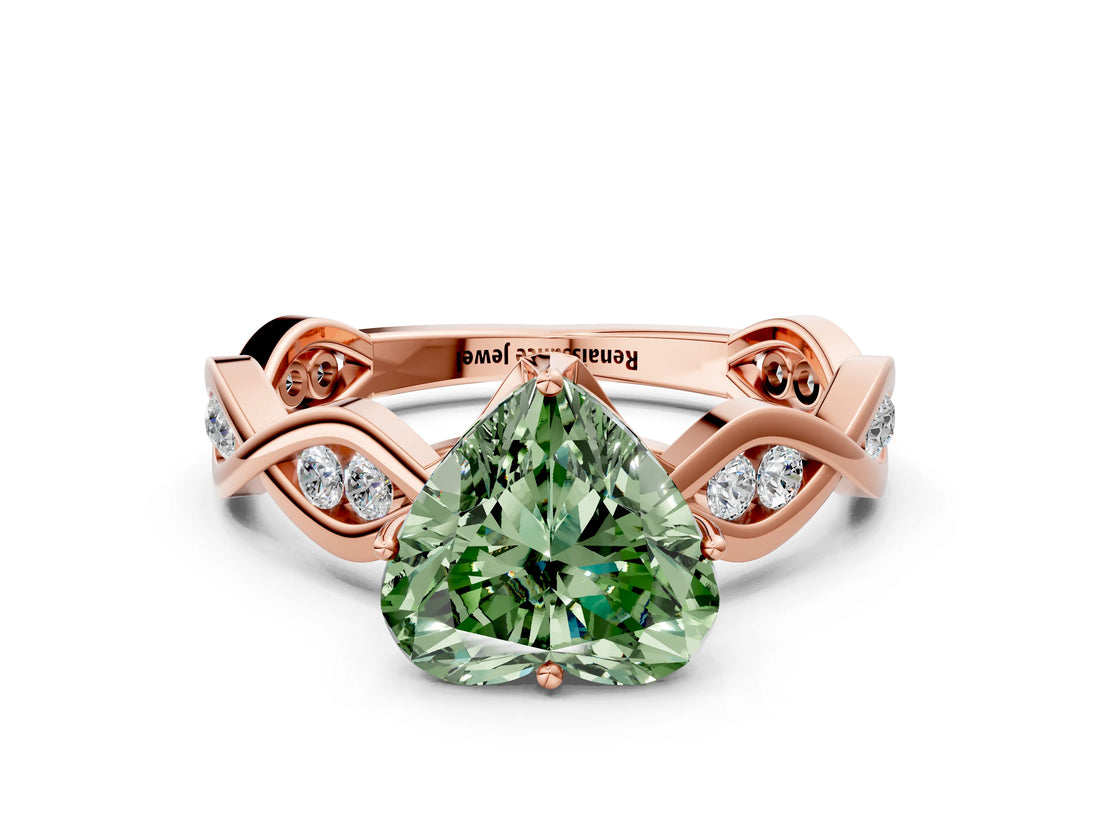 Rose gold Fancy Green Heart  Solitaire Twist Band with Leaf Prong Setting