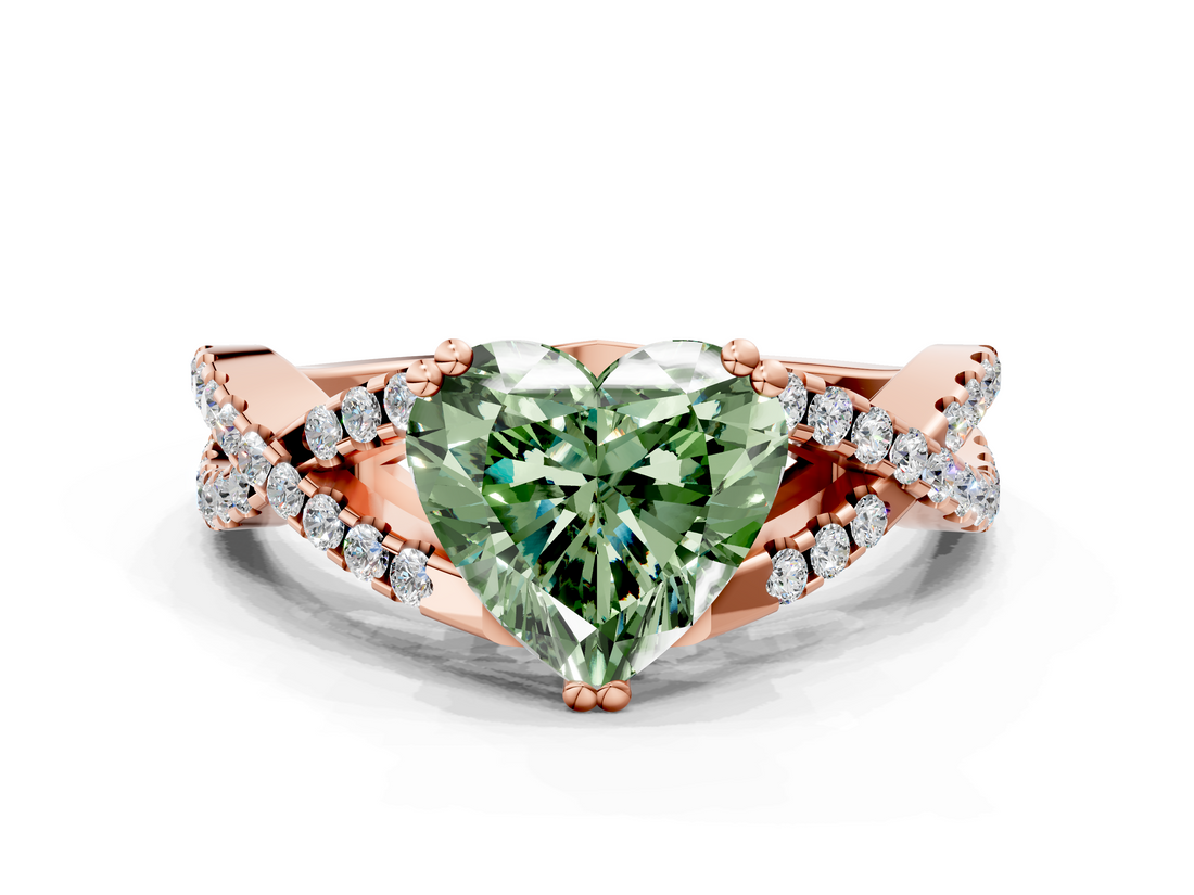 Rose gold Fancy Green Heart  Solitaire Twist Band with Pavé Setting and Four-Prong Setting