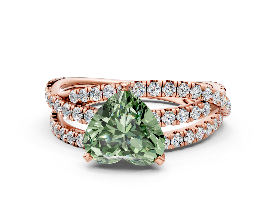 Rose gold Fancy Green Heart  Solitaire Twist Band with Pavé Setting and Four-Prong Setting