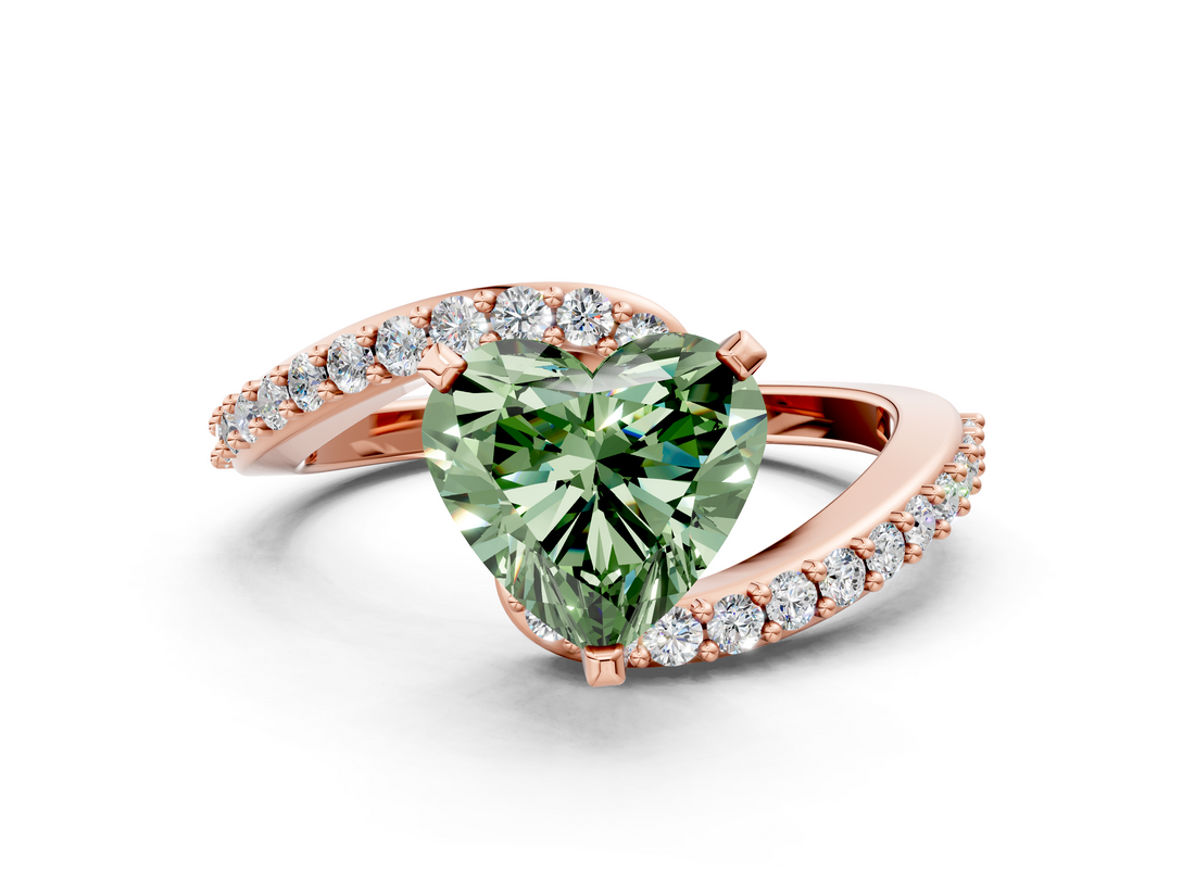 Rose gold Fancy Green Heart  Solitaire Twist Band with Pave Set Diamonds and Four-Prong Setting