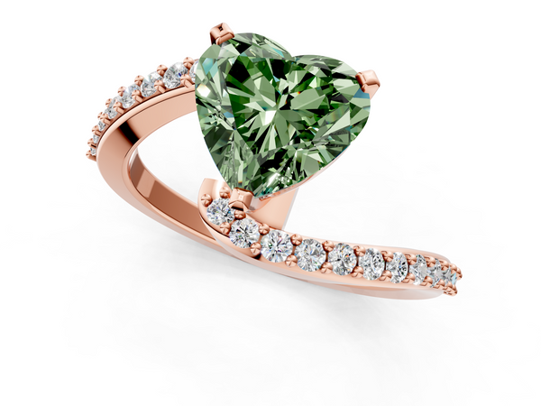 Rose gold Fancy Green Heart  Solitaire Twist Band with Pave Set Diamonds and Four-Prong Setting