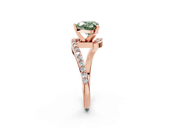 Rose gold Fancy Green Heart  Solitaire Twist Band with Pave Set Diamonds and Four-Prong Setting