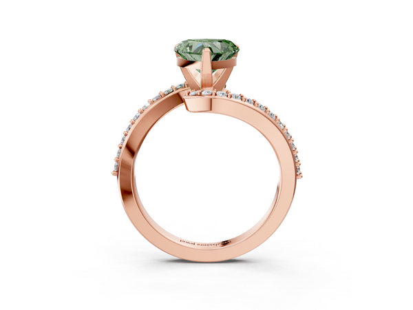 Rose gold Fancy Green Heart  Solitaire Twist Band with Pave Set Diamonds and Four-Prong Setting