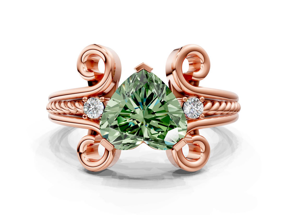 Rose gold Fancy Green Heart  Solitaire Twisted Band Scroll Prong Ring_3