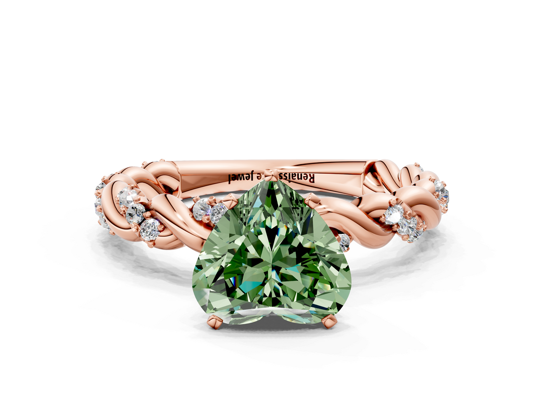 Rose gold Fancy Green Heart  Solitaire Twisted Band with Pavé Accents and Four-Prong Setting