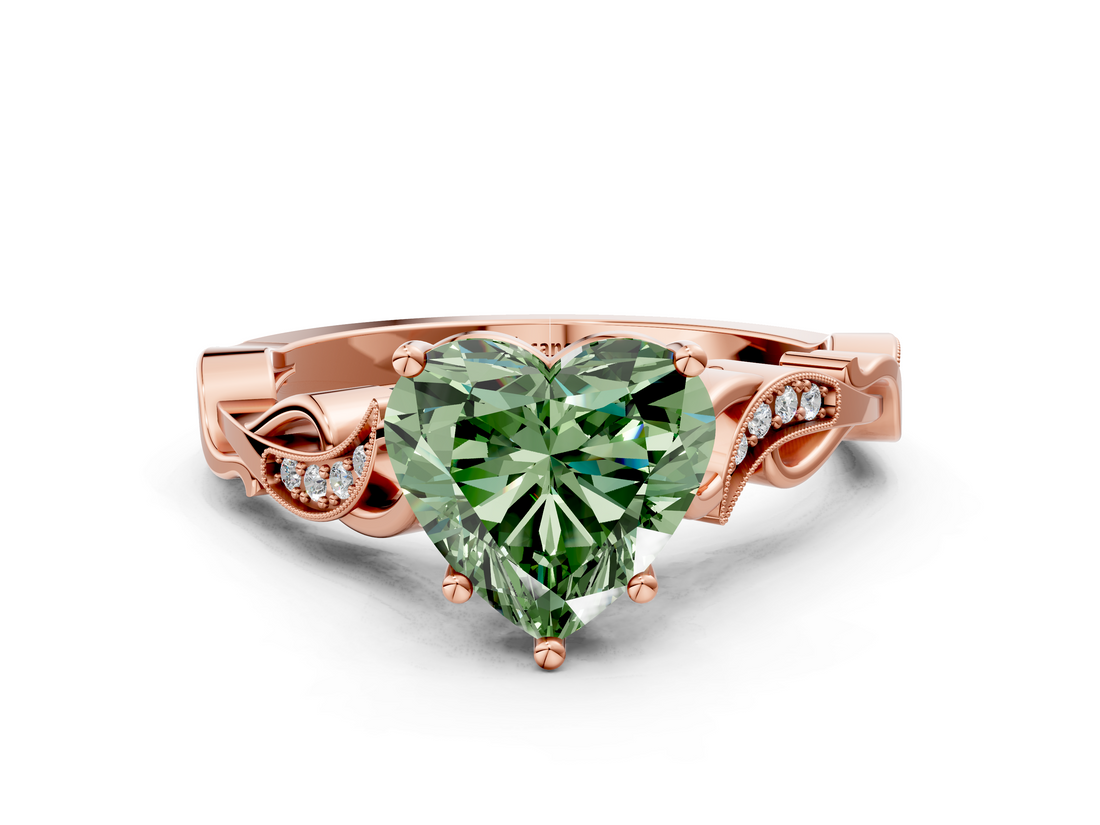 Rose gold Fancy Green Heart  Solitaire Vine Band with Milgrain Prong Setting_3