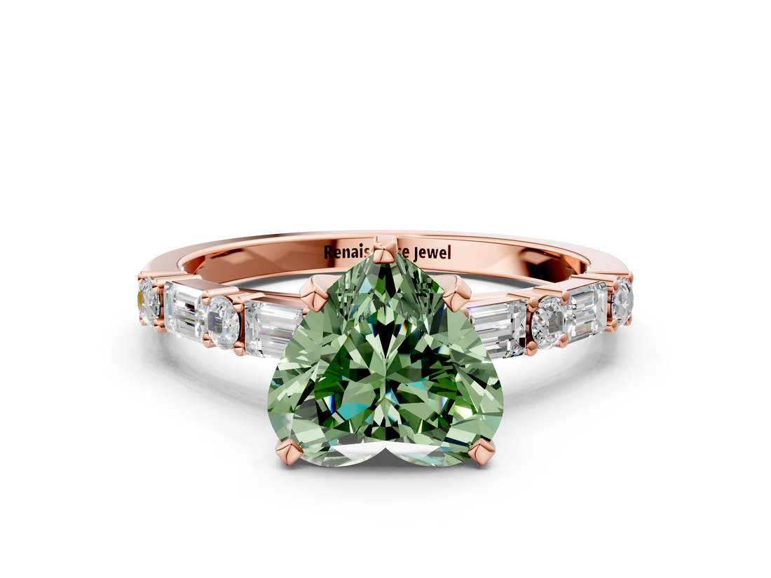Rose gold Fancy Green Heart  Solitaire with Side Baguettes and Channel Set Band