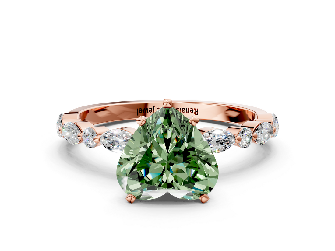 Rose gold Fancy Green Heart  Solitaire with Side Stones on a Pavé Band and Four-Prong Setting