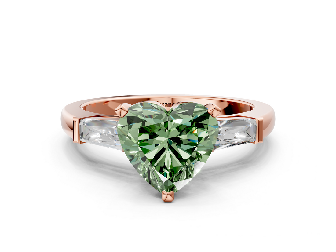 Rose gold Fancy Green Heart  Solitaire with Tapered Baguette Side Stones on a Classic Band with Four-Prong Setting
