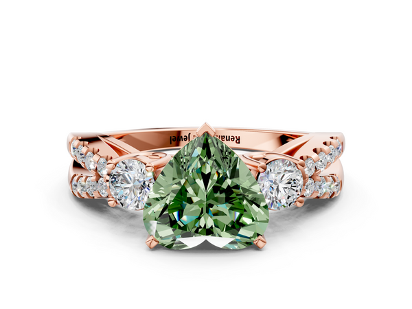 Rose gold Fancy Green Heart Cut Diamond Three-Stone Ring with Pavé Split Shank and Four-Prong Setting