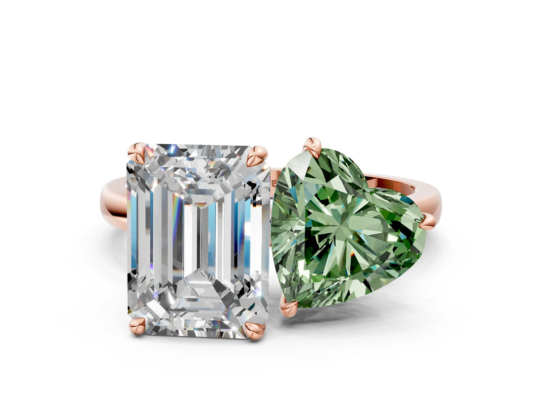 Rose gold Fancy Green Heart  and Emerald Cut Toi Moi Ring with Prong Setting_29