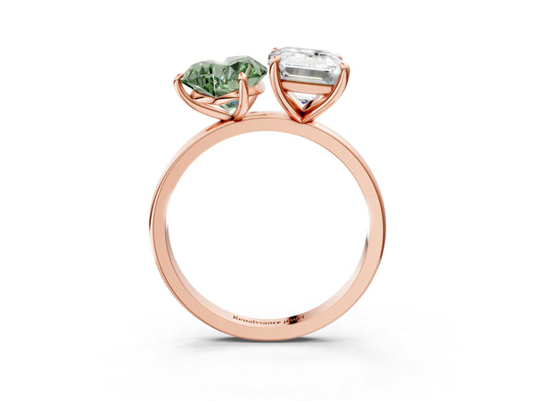 Rose gold Fancy Green Heart  and Emerald Cut Toi Moi Ring with Prong Setting