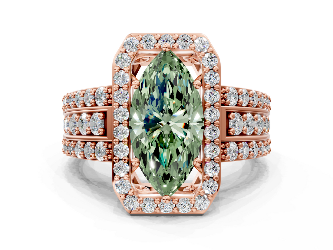 Rose gold Fancy Green Marquise -Cut Halo Diamond Ring with Split Shank and Four-Prong Setting_115