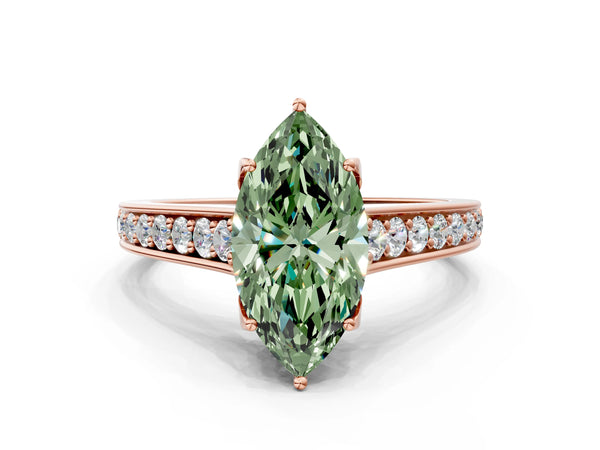 Rose gold Fancy Green Marquise  Brilliant Cut Diamond Engagement Ring with Pavé Band and Four-Prong Setting