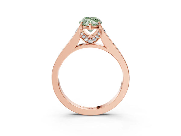 Rose gold Fancy Green Marquise  Brilliant Cut Diamond Engagement Ring with Pavé Band and Four-Prong Setting