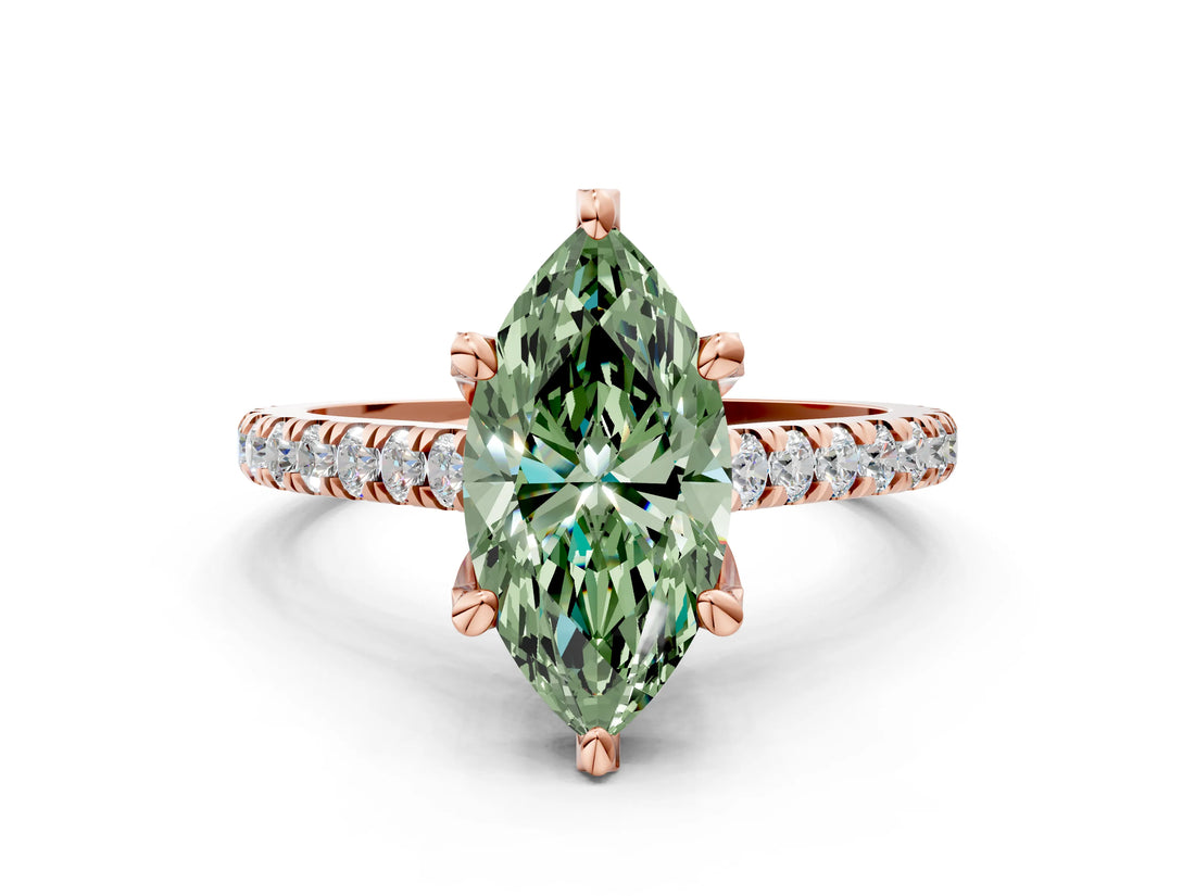 Rose gold Fancy Green Marquise  Brilliant Diamond Solitaire with Pavé Band and Four-Prong Setting 1