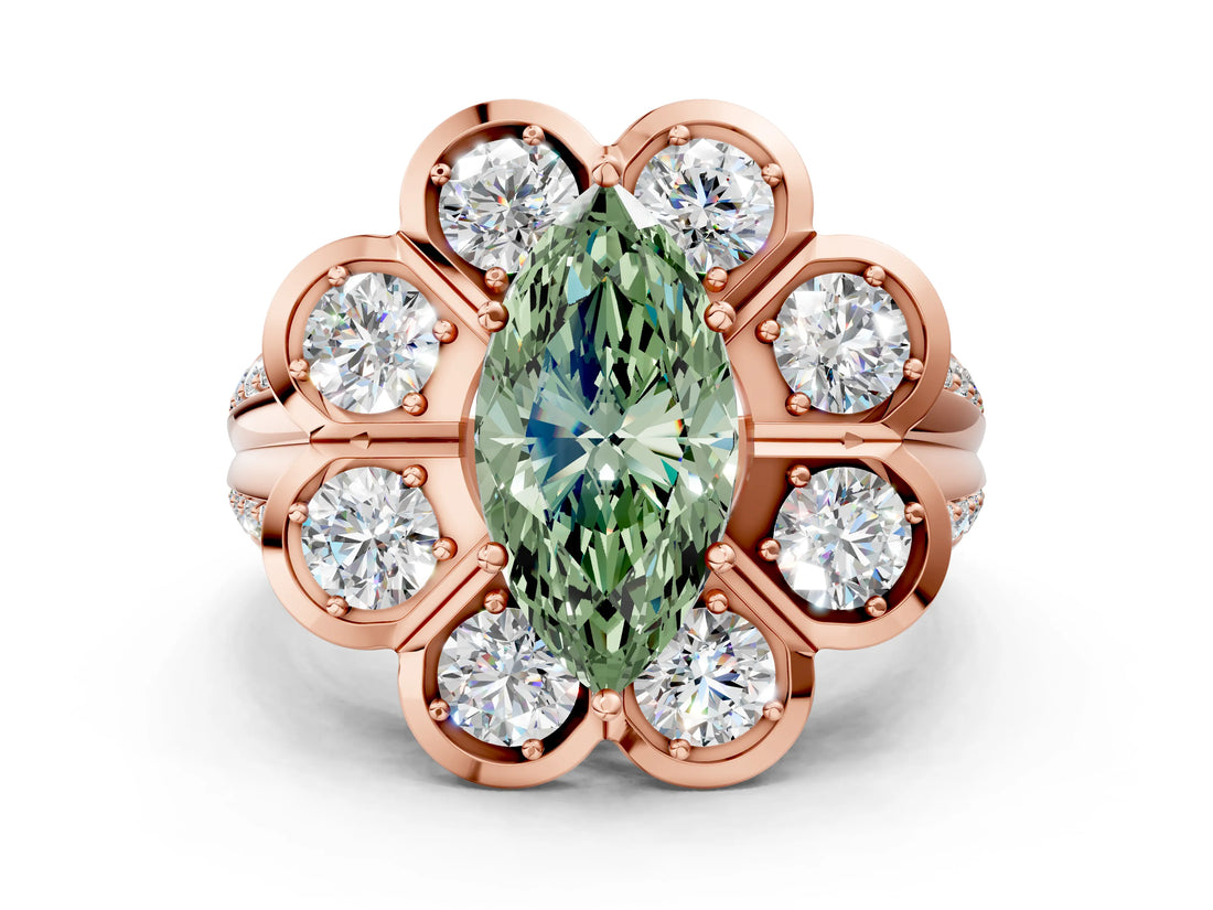 Rose gold Fancy Green Marquise  Brilliant Flower Halo Diamond Split Shank Ring_27