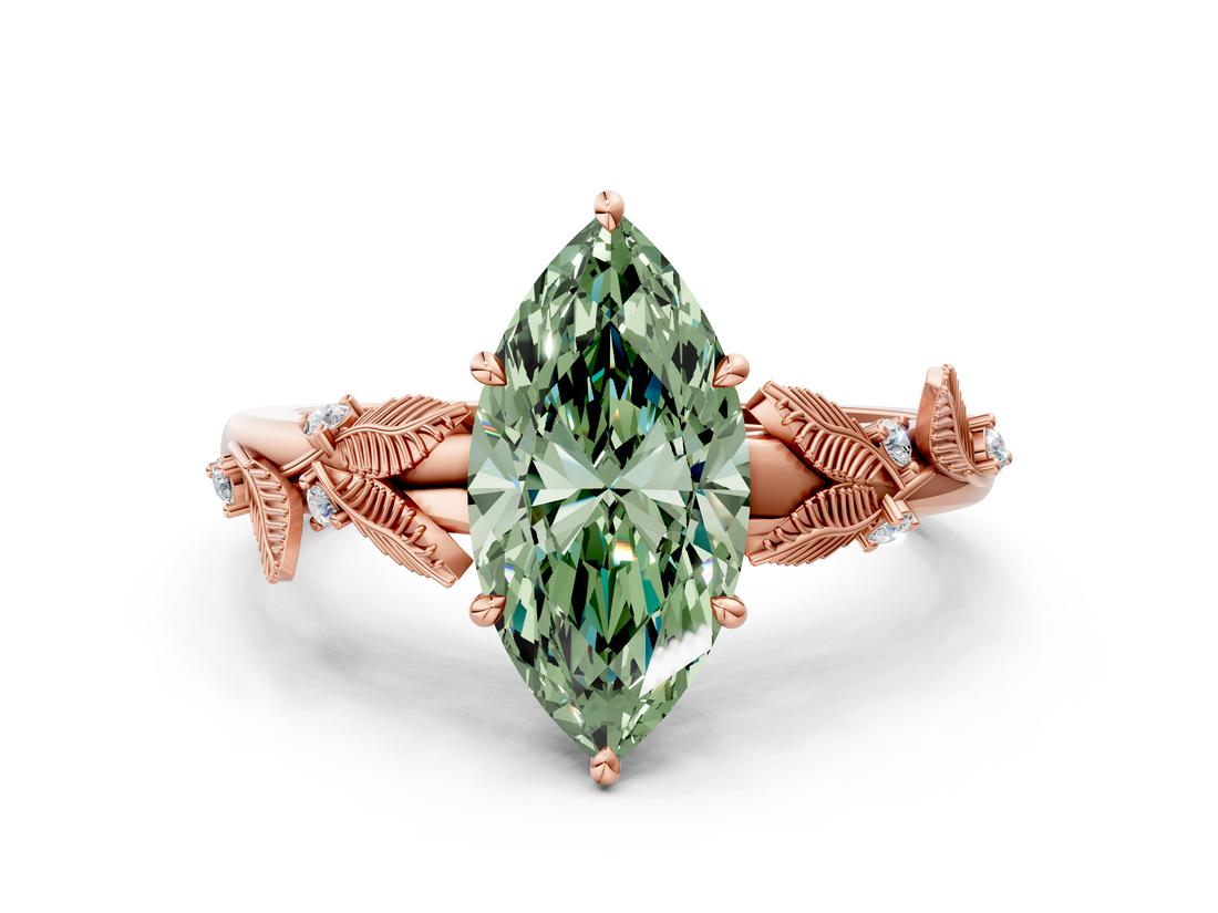 Rose gold Fancy Green Marquise  Brilliant Solitaire with Leaf Motif Band and Four-Prong Setting_63