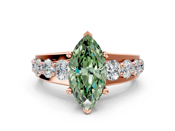 Rose gold Fancy Green Marquise  Brilliant Solitaire with Side Stones on a Pave Band and Four-Prong Setting