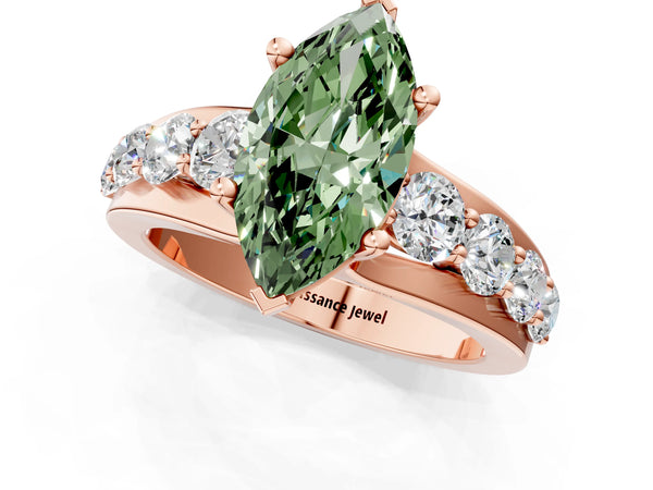 Rose gold Fancy Green Marquise  Brilliant Solitaire with Side Stones on a Pave Band and Four-Prong Setting