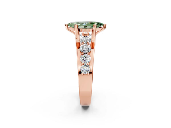 Rose gold Fancy Green Marquise  Brilliant Solitaire with Side Stones on a Pave Band and Four-Prong Setting