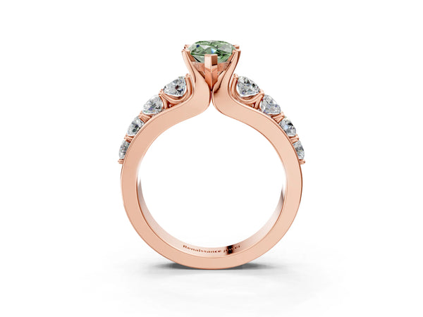 Rose gold Fancy Green Marquise  Brilliant Solitaire with Side Stones on a Pave Band and Four-Prong Setting