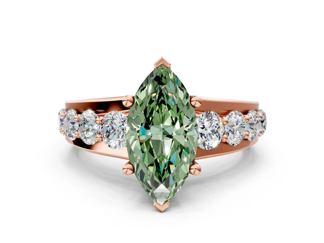 Rose gold Fancy Green Marquise  Brilliant Solitaire with Side Stones on a Pave Band and Four-Prong Setting_24