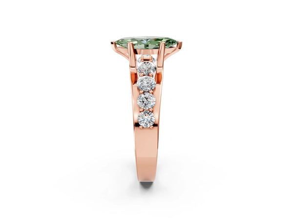 Rose gold Fancy Green Marquise  Brilliant Solitaire with Side Stones on a Pave Band and Four-Prong Setting