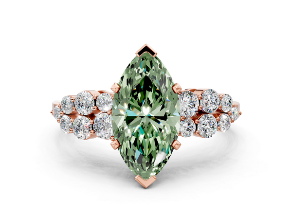 Rose gold Fancy Green Marquise  Cluster Diamond Engagement Ring with Pavé Band and Four-Prong Setting