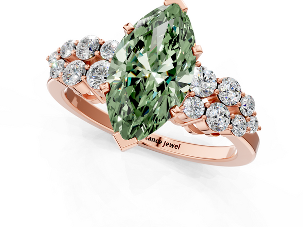 Rose gold Fancy Green Marquise  Cluster Diamond Engagement Ring with Pavé Band and Four-Prong Setting