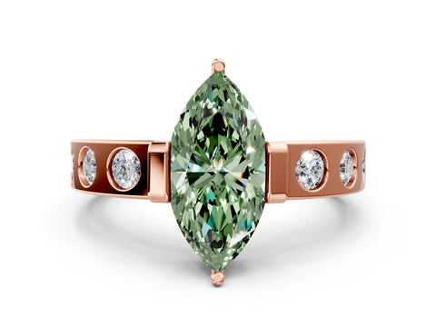 Rose gold Fancy Green Marquise Cut Brilliant Channel-Set Diamond Ring with Bezel Prong Setting