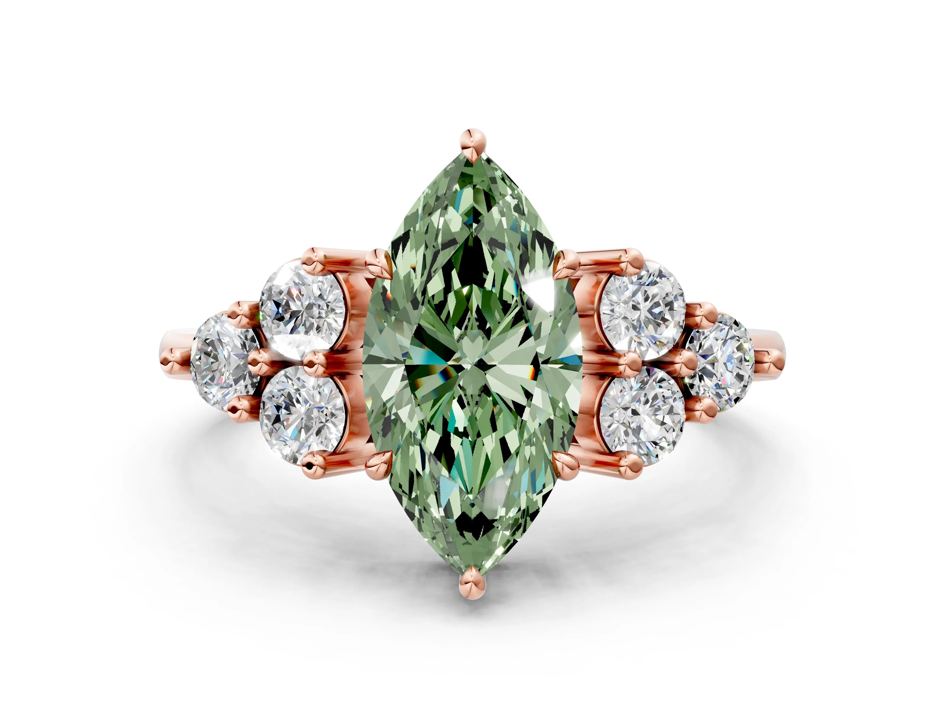Rose gold Fancy Green Marquise Cut Brilliant Diamond Cluster Accent Solitaire Ring with Prong Setting