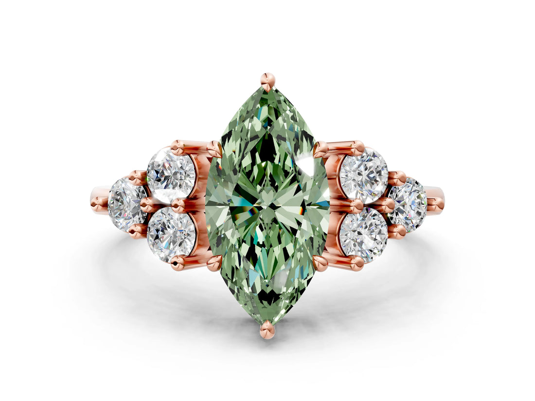 Rose gold Fancy Green Marquise Cut Brilliant Diamond Cluster Accent Solitaire Ring with Prong Setting