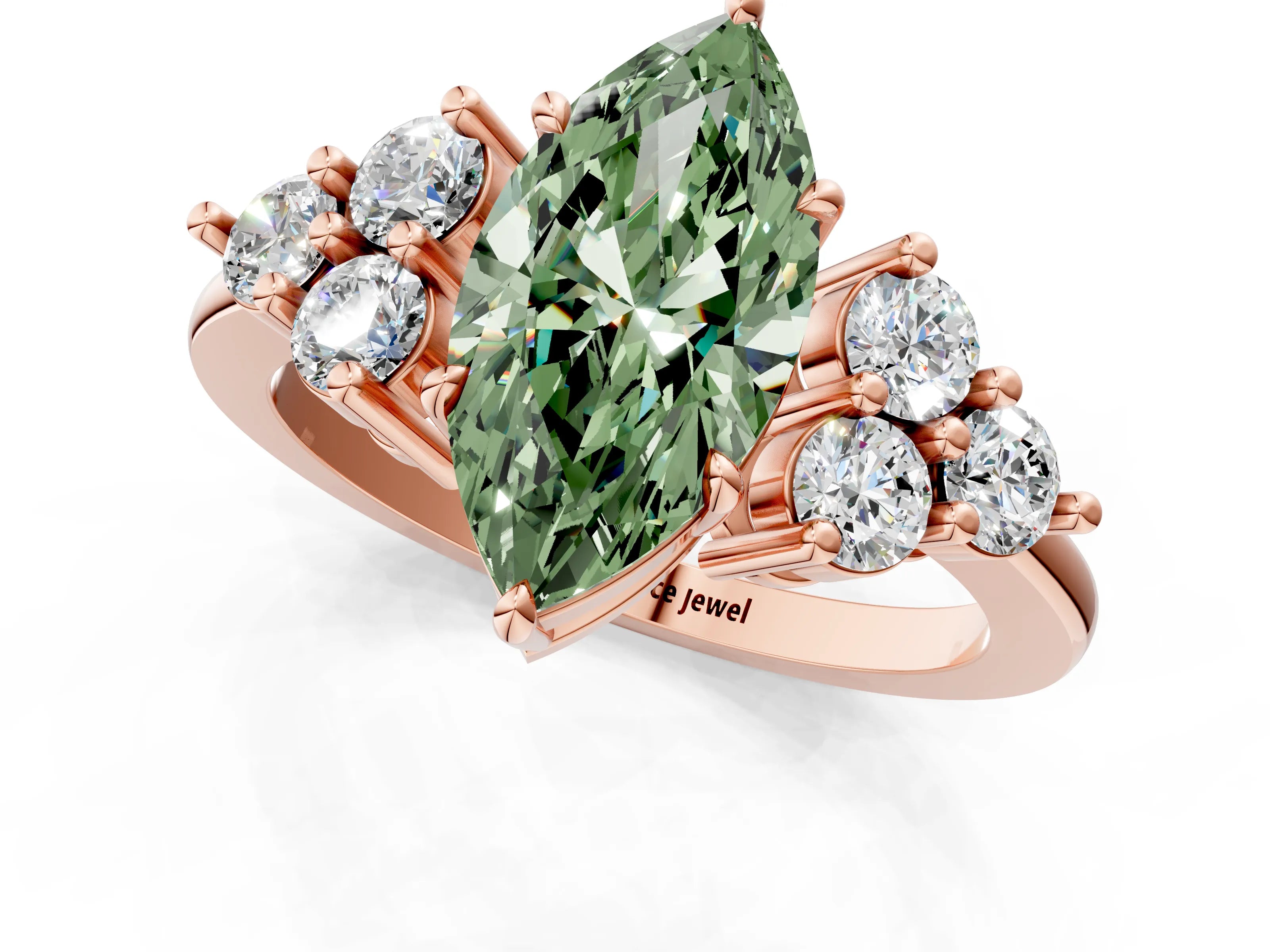 Rose gold Fancy Green Marquise Cut Brilliant Diamond Cluster Accent Solitaire Ring with Prong Setting_1
