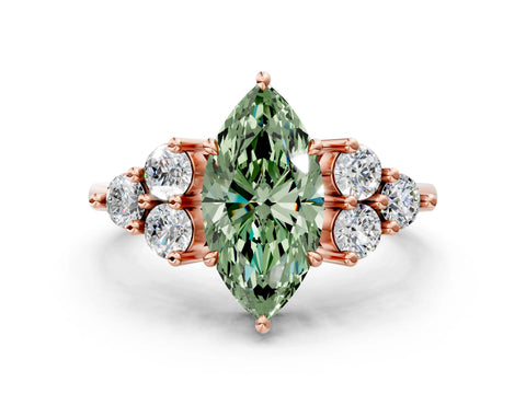 Rose gold Fancy Green Marquise Cut Brilliant Diamond Cluster Accent Solitaire Ring with Prong Setting