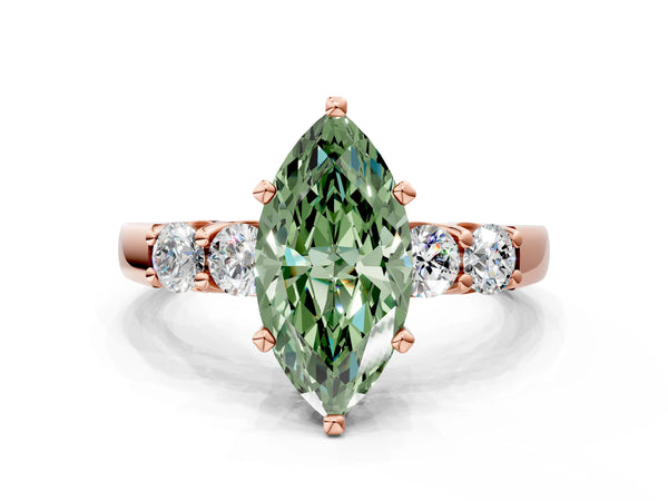 Rose gold Fancy Green Marquise Cut Brilliant Diamond Five-Stone Engagement Ring with Prong Setting on a Classic Band