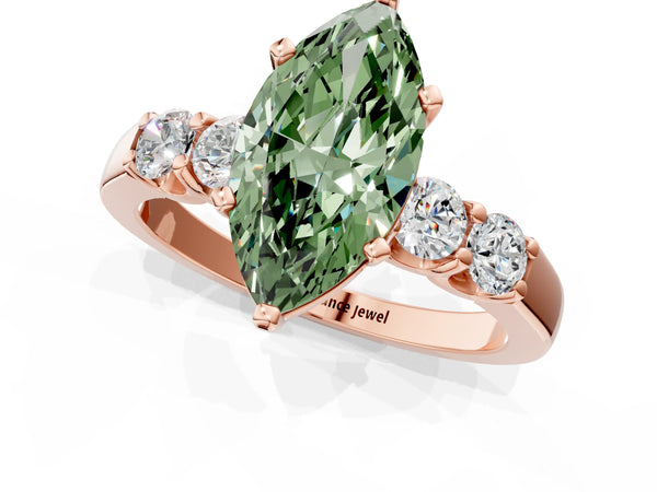 Rose gold Fancy Green Marquise Cut Brilliant Diamond Five-Stone Engagement Ring with Prong Setting on a Classic Band