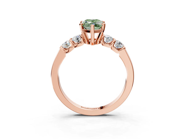 Rose gold Fancy Green Marquise Cut Brilliant Diamond Five-Stone Engagement Ring with Prong Setting on a Classic Band