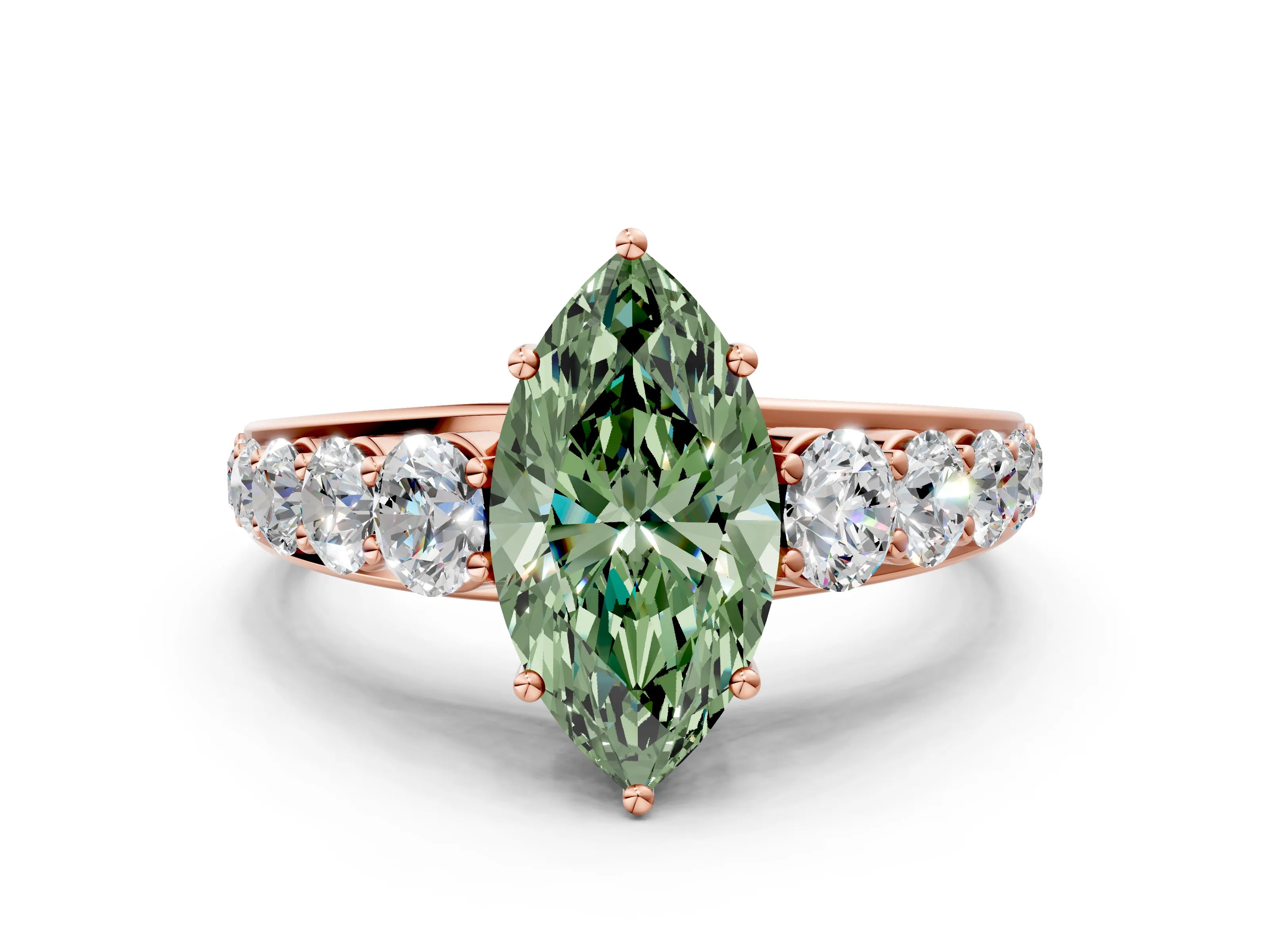 Rose gold Fancy Green Marquise Cut Brilliant Diamond Pavé Band with Six-Prong Setting