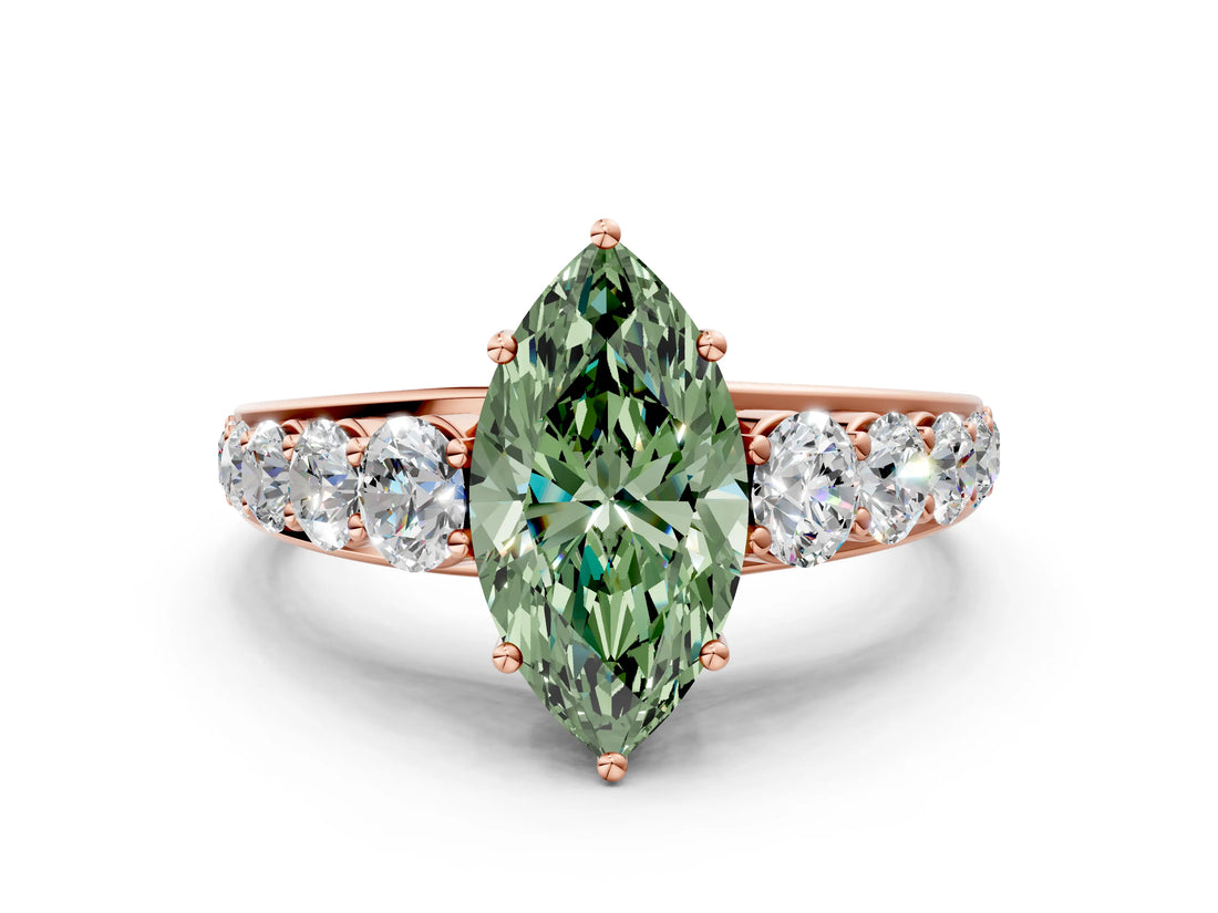 Rose gold Fancy Green Marquise Cut Brilliant Diamond Pavé Band with Six-Prong Setting