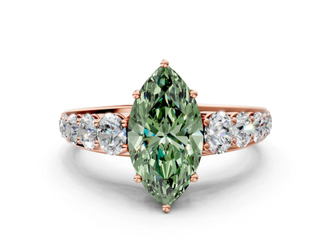Rose gold Fancy Green Marquise Cut Brilliant Diamond Pavé Band with Six-Prong Setting
