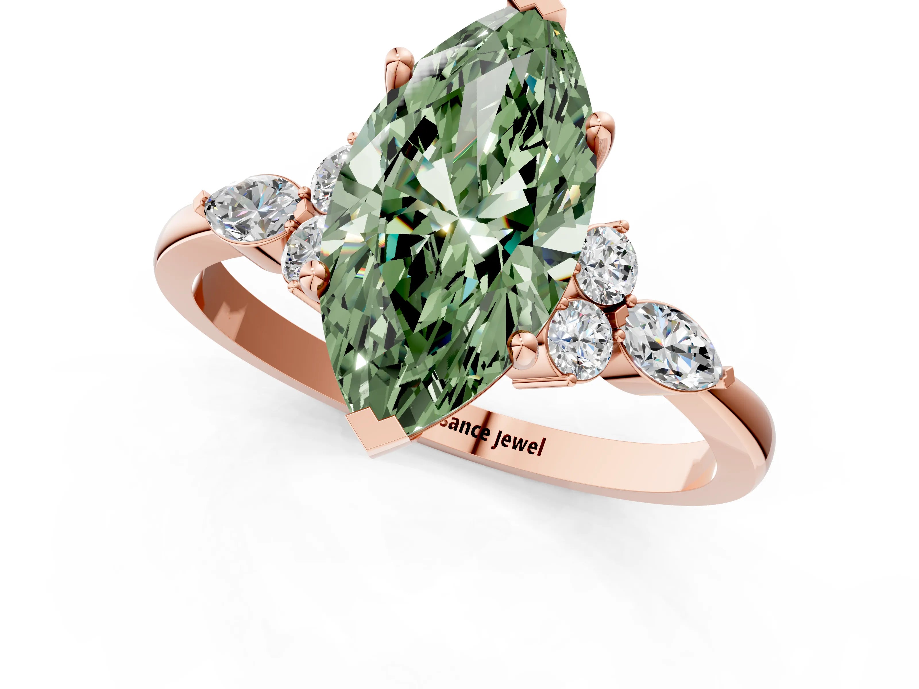 Rose gold Fancy Green Marquise Cut Brilliant Diamond Solitaire Ring with Pear Side Stones and Four-Prong Setting_4