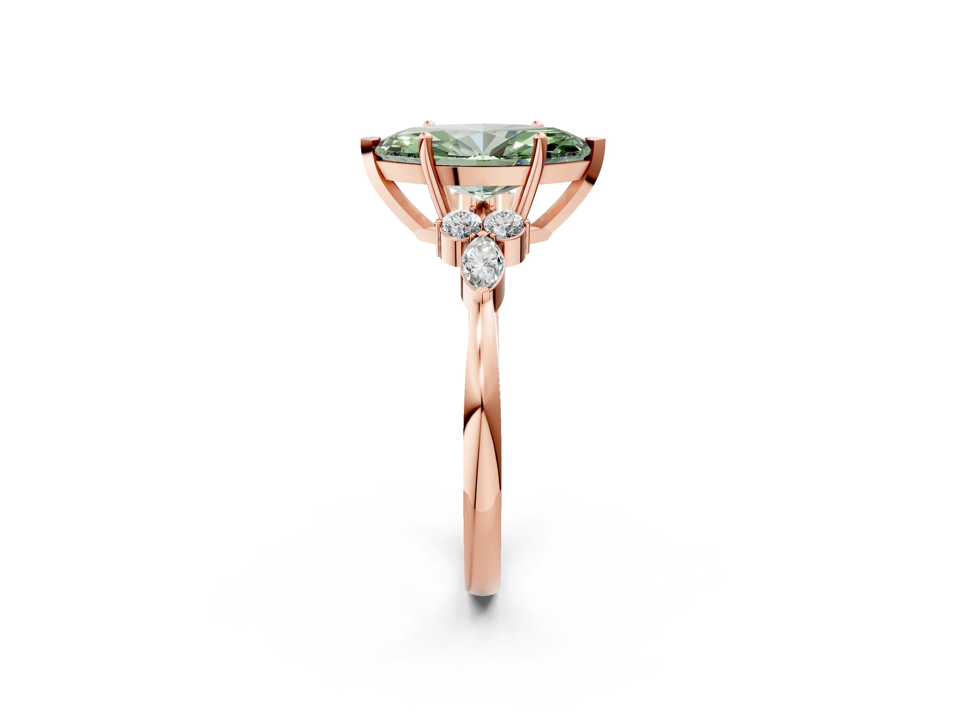 Rose gold Fancy Green Marquise Cut Brilliant Diamond Solitaire Ring with Pear Side Stones and Four-Prong Setting_5