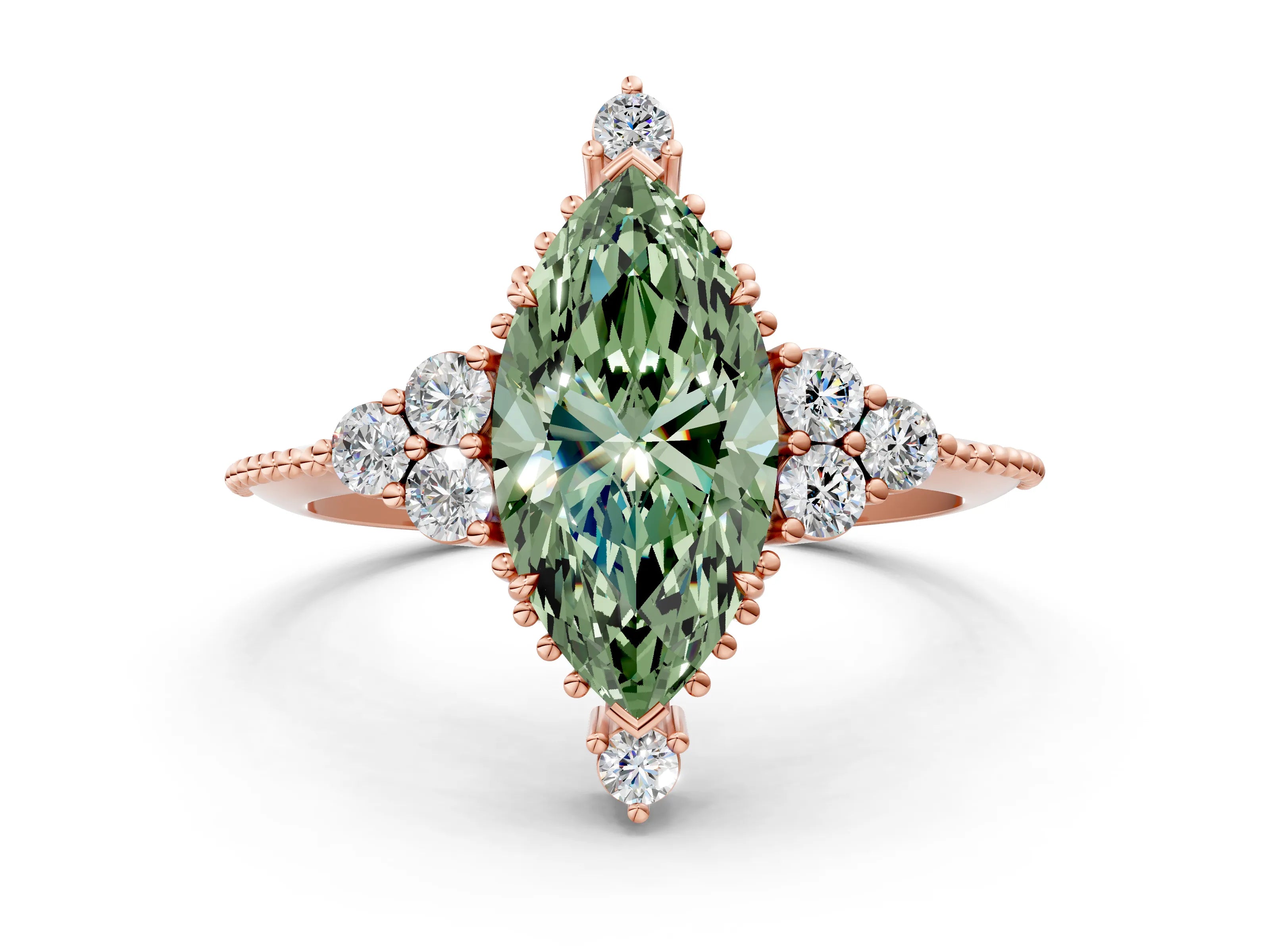 Rose gold Fancy Green Marquise Cut Brilliant Diamond with Cluster Setting on a Beaded Band and Four-Prong Setting