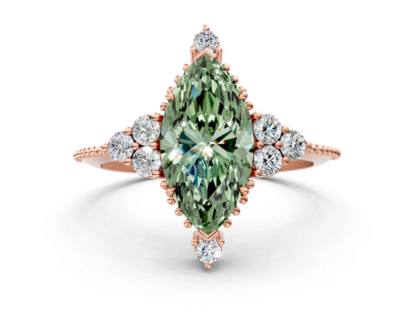 Rose gold Fancy Green Marquise Cut Brilliant Diamond with Cluster Setting on a Beaded Band and Four-Prong Setting