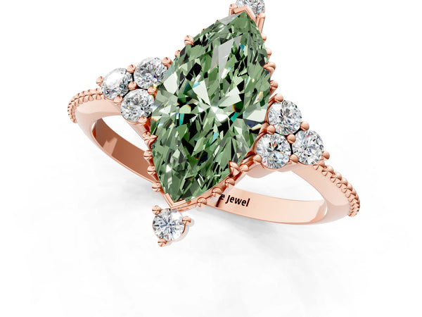 Rose gold Fancy Green Marquise Cut Brilliant Diamond with Cluster Setting on a Beaded Band and Four-Prong Setting